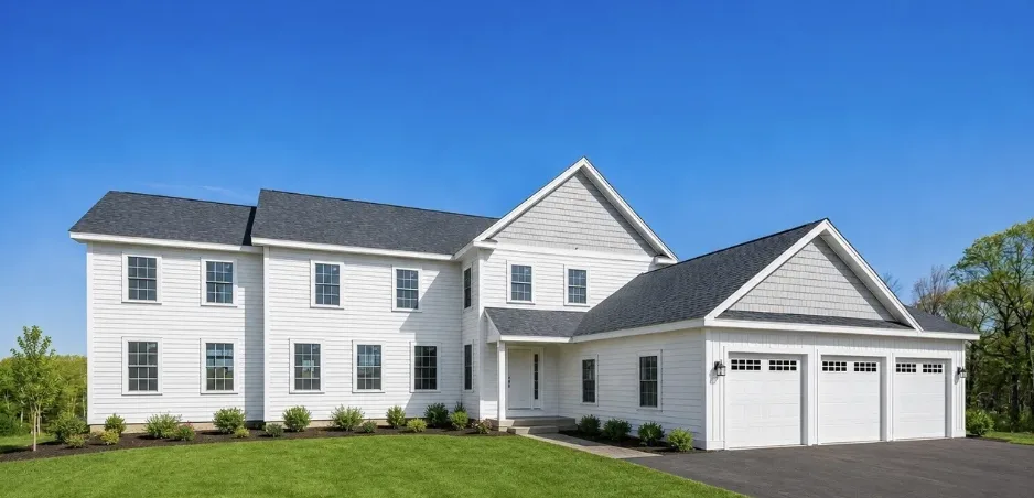 New construction colonial home on a spacious lot in Burlington, Connecticut with white siding and a 3-car attached garage