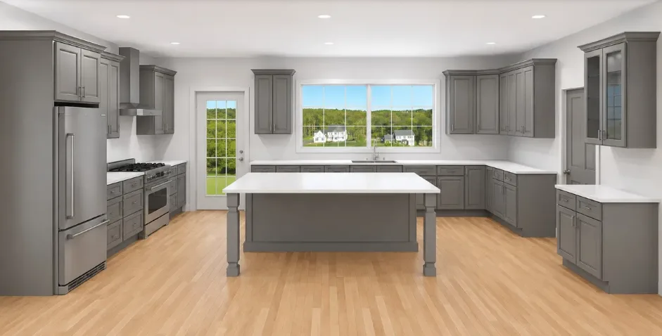 Modern kitchen with gray cabinetry, white countertops and stainless steel appliances