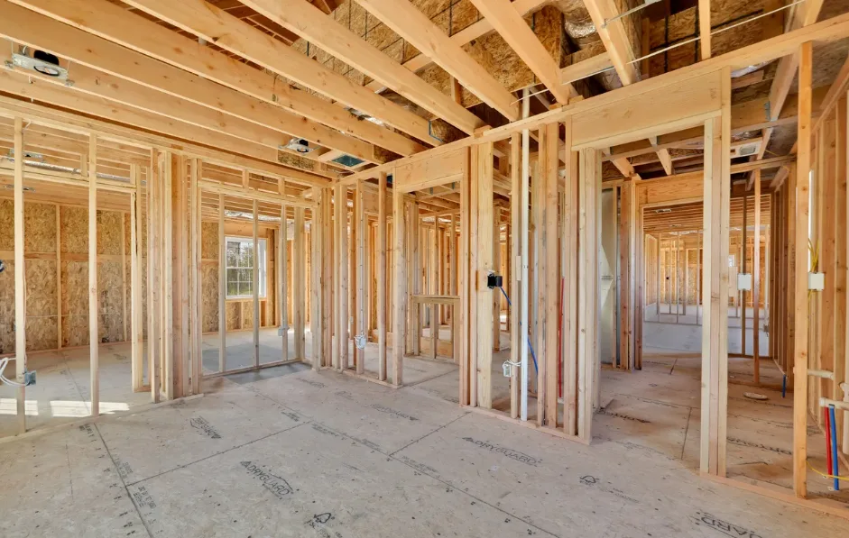 New construction framing with window opening and daylight