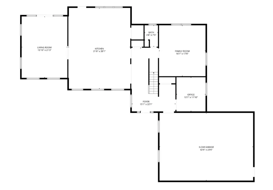 First floor floor plan showing living room, kitchen, family room, office, and garage