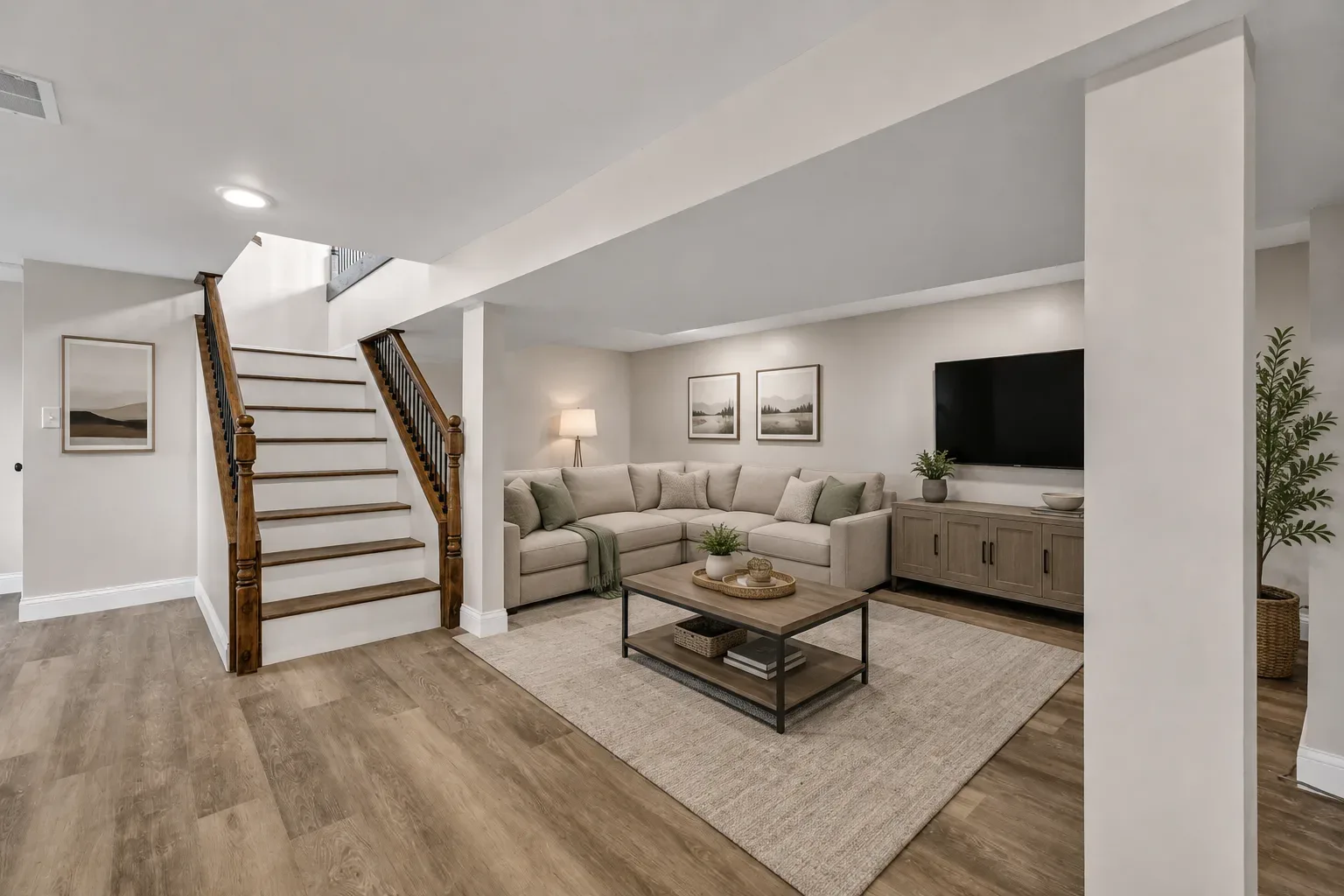Basement recreation room furnished with sectional sofa and wall-mounted TV