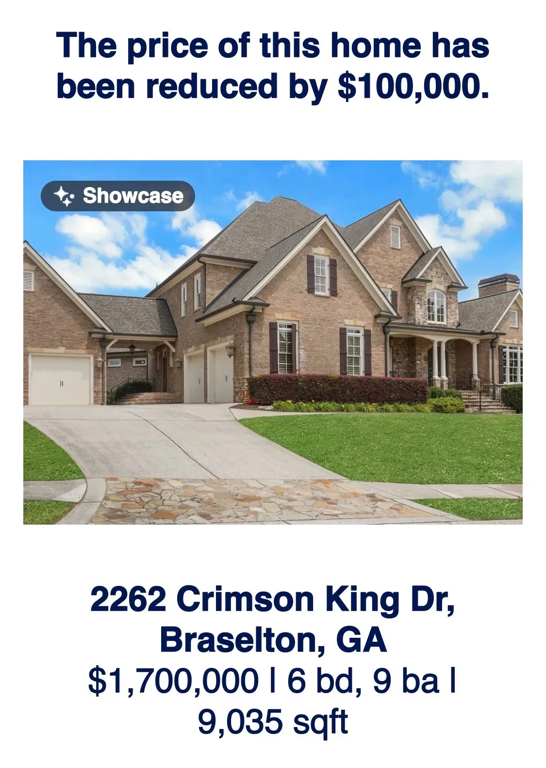 2262 Crimson King Dr, a 9,035 sq ft luxury estate now priced at $1,700,000 in Chateau Elan, Braselton Georgia