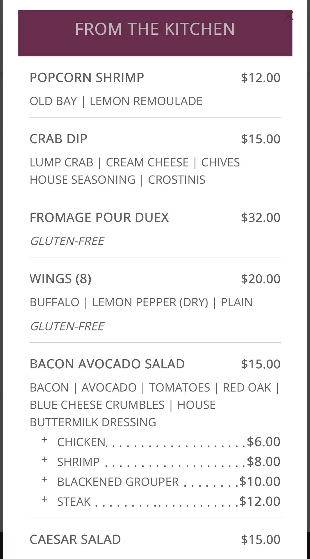 Menu page from Louis' House of Bourbon showing appetizers and starter selections under From The Kitchen heading
