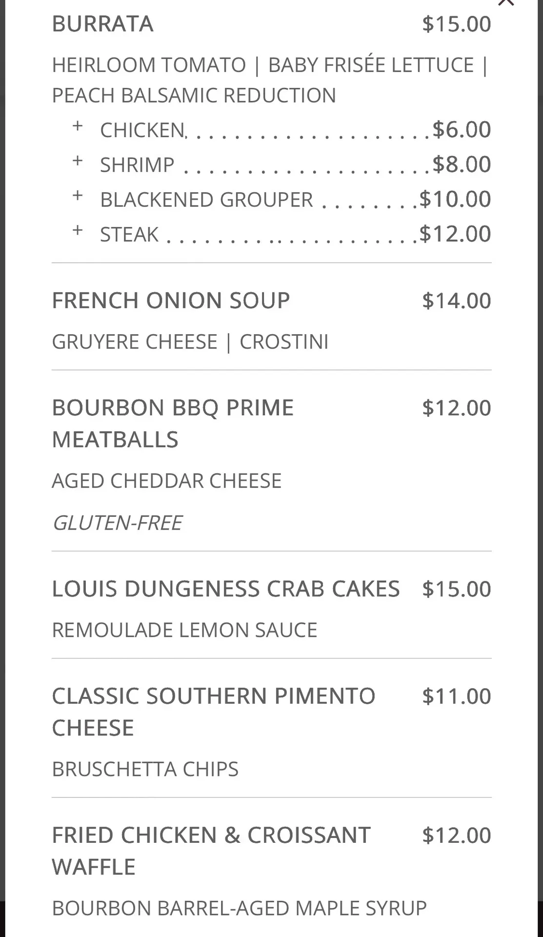 Menu page from Louis' House of Bourbon featuring appetizers including burrata, French onion soup, and crab cakes