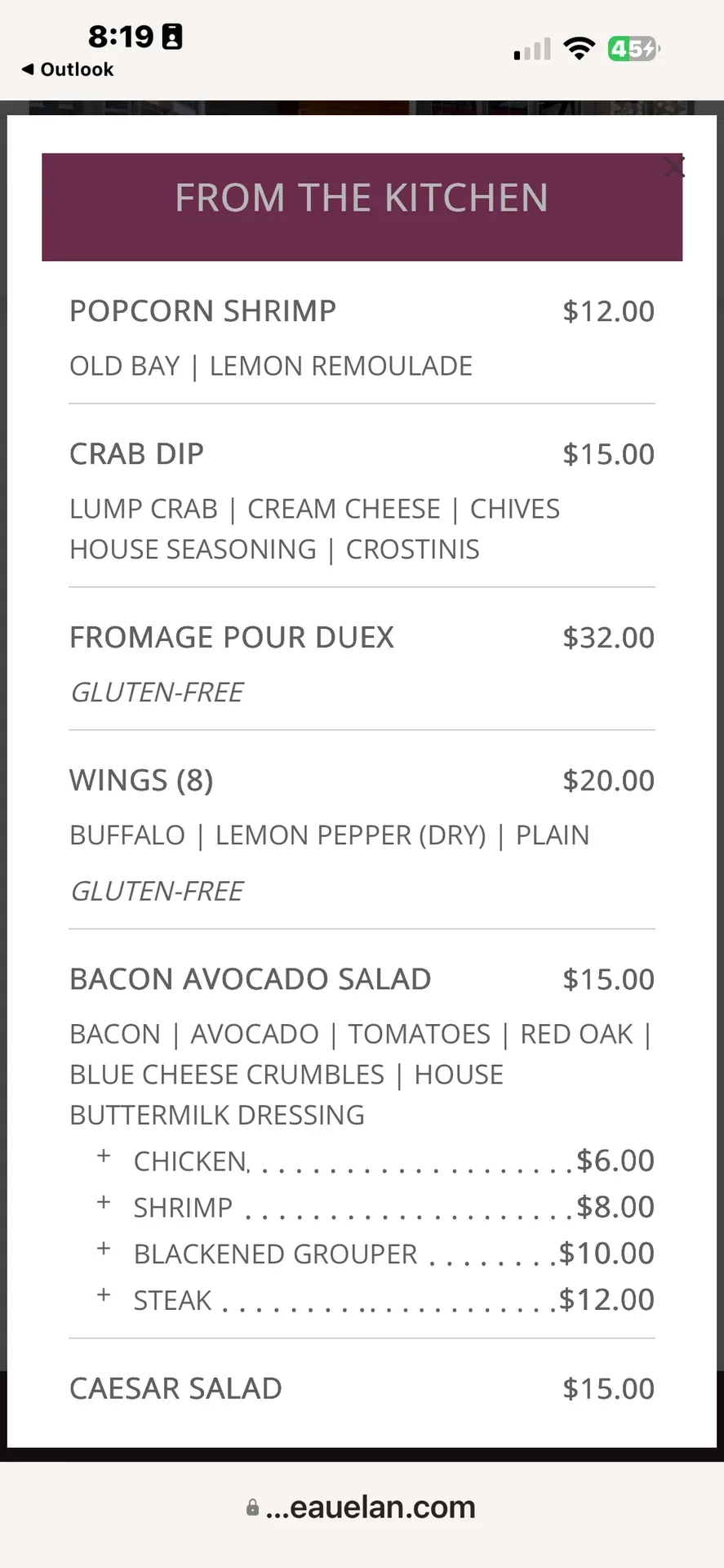 Digital menu card from Louis' House of Bourbon with additional dining selections