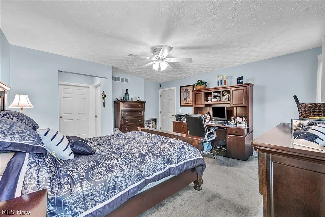 Primary bedroom suite with vaulted ceiling and blue walls