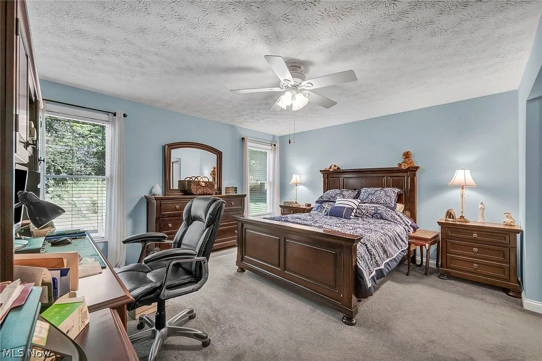 Primary bedroom with dark wood furniture