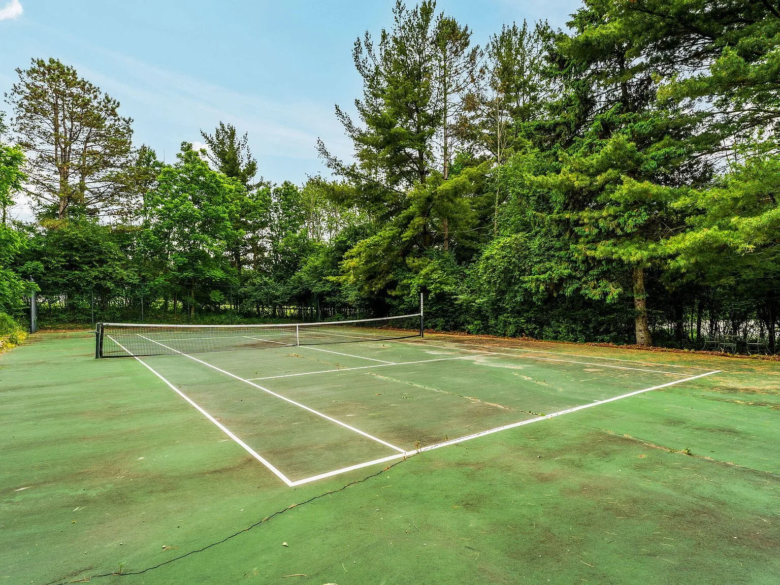 Private tennis court surrounded by mature trees