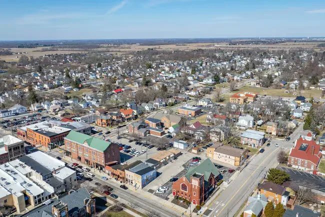 Aerial view of Wilmington, Ohio looking over its historic downtown and surrounding neighborhoods