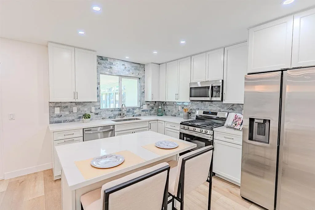 Modern white kitchen inside an Imperial Beach condominium, a common first-home option for buyers in 91932