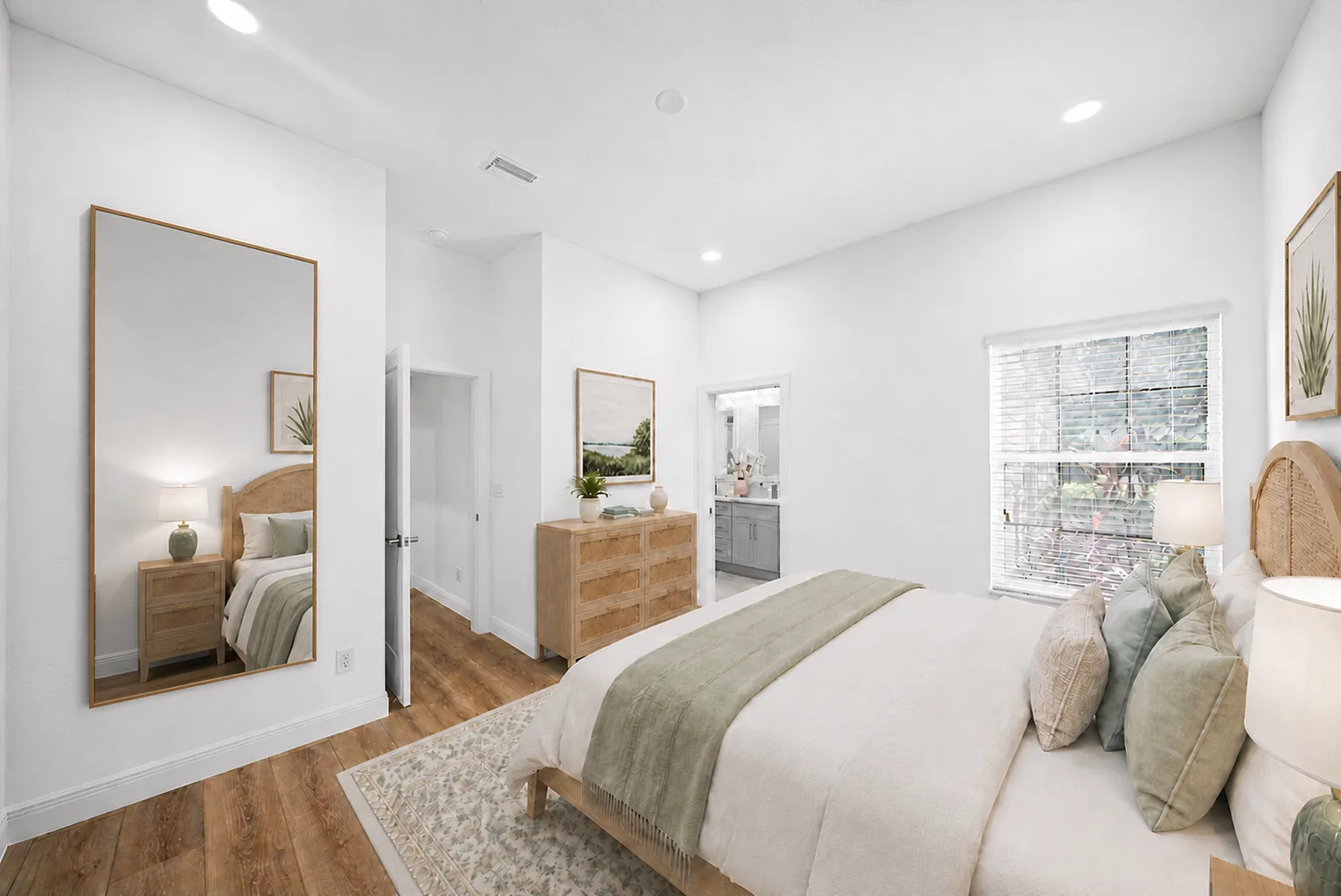 Primary Bedroom : Virtually Staged. Virtually staged to illustrate the scale of the primary suite and a comfortable bedroom layout.