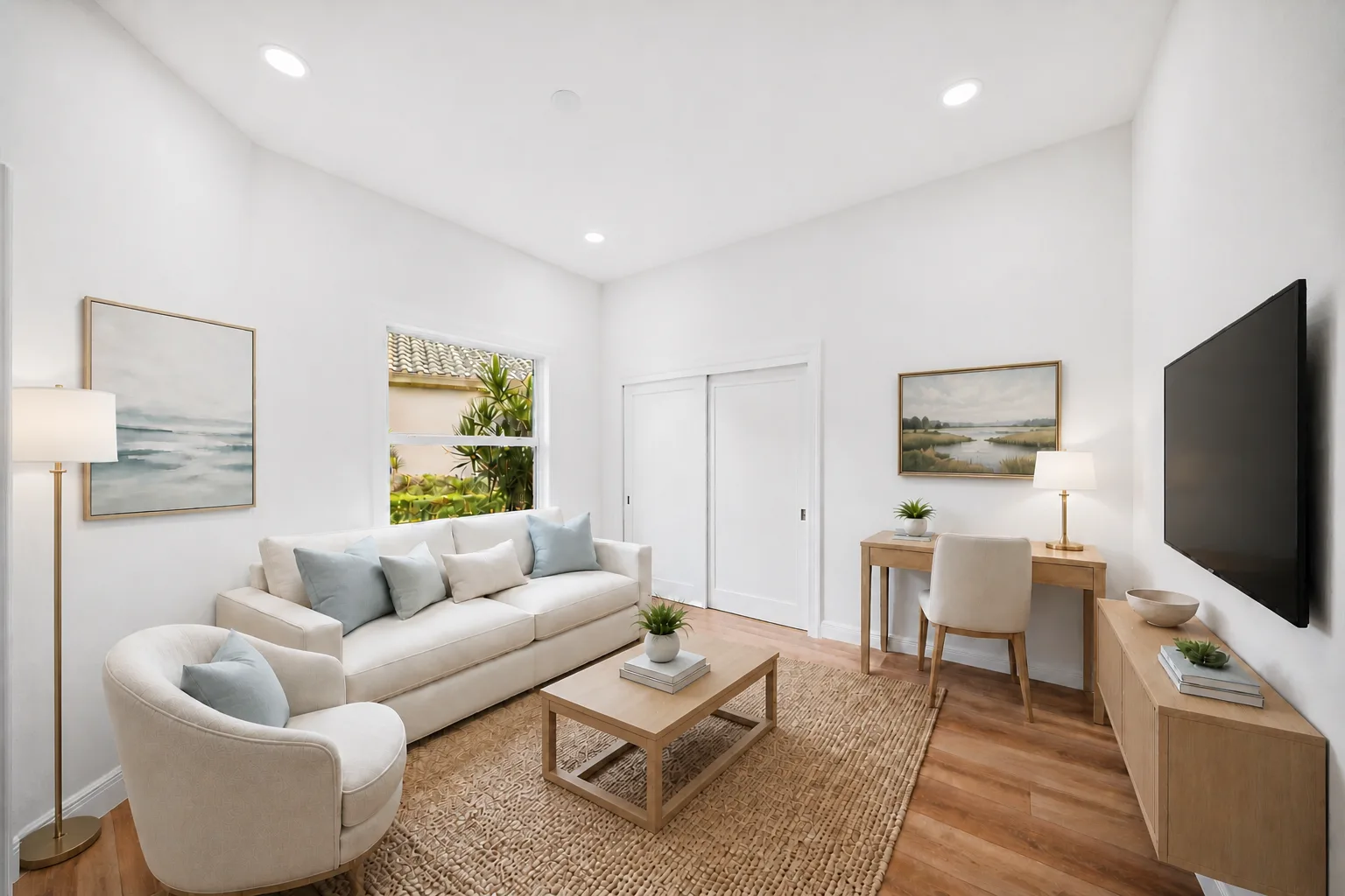 Office/Flexible Room : Virtually Staged. Shown virtually staged as one possible use of this flexible room, demonstrating how it could function comfortably as a home office or additional bedroom.