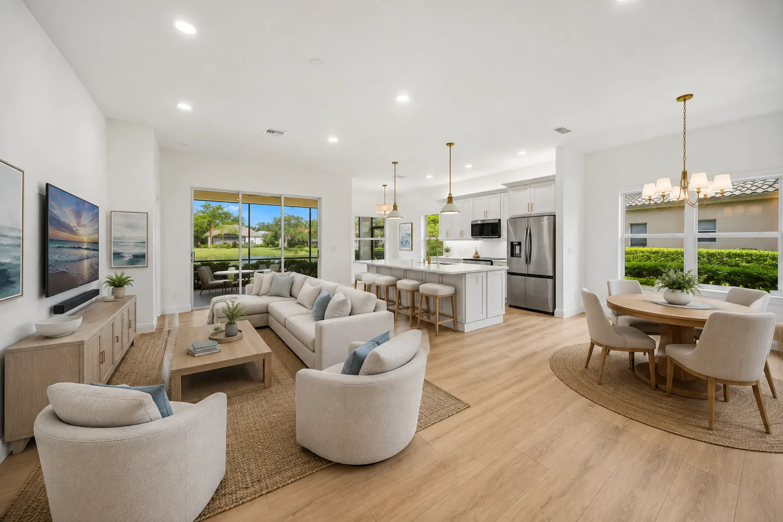 Great Room : Virtually Staged. Virtually staged to illustrate the scale of the open living area and a possible conversational seating arrangement oriented toward the media wall and lake-facing side of the home.