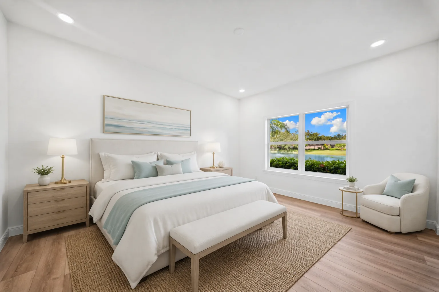Primary Bedroom : Virtually Staged. Virtually staged to illustrate the lake view and a potential primary bedroom arrangement oriented around the natural light and access to the lanai.