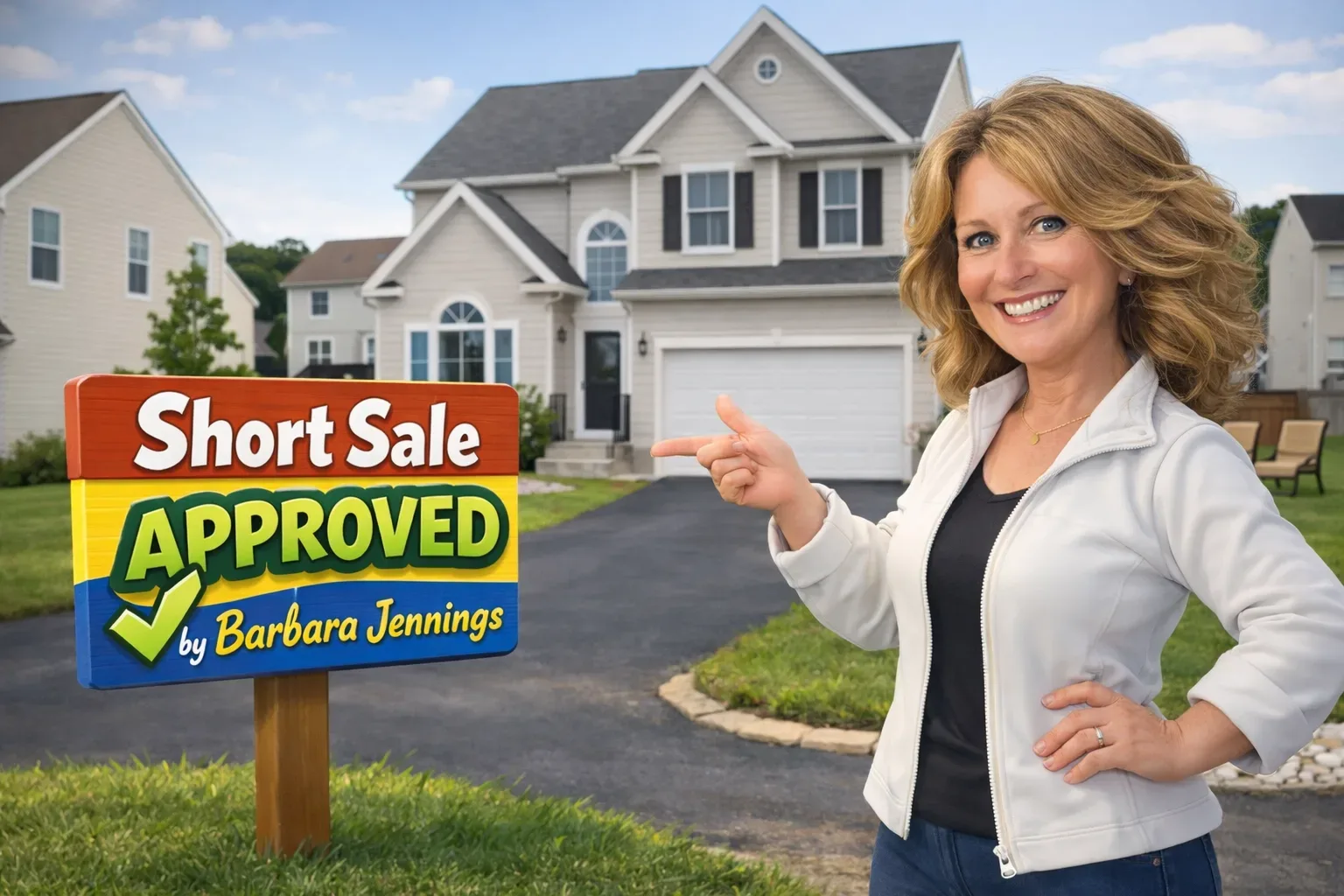 Two-story wood-sided home with a double garage, short sale approved by Barbara Jennings