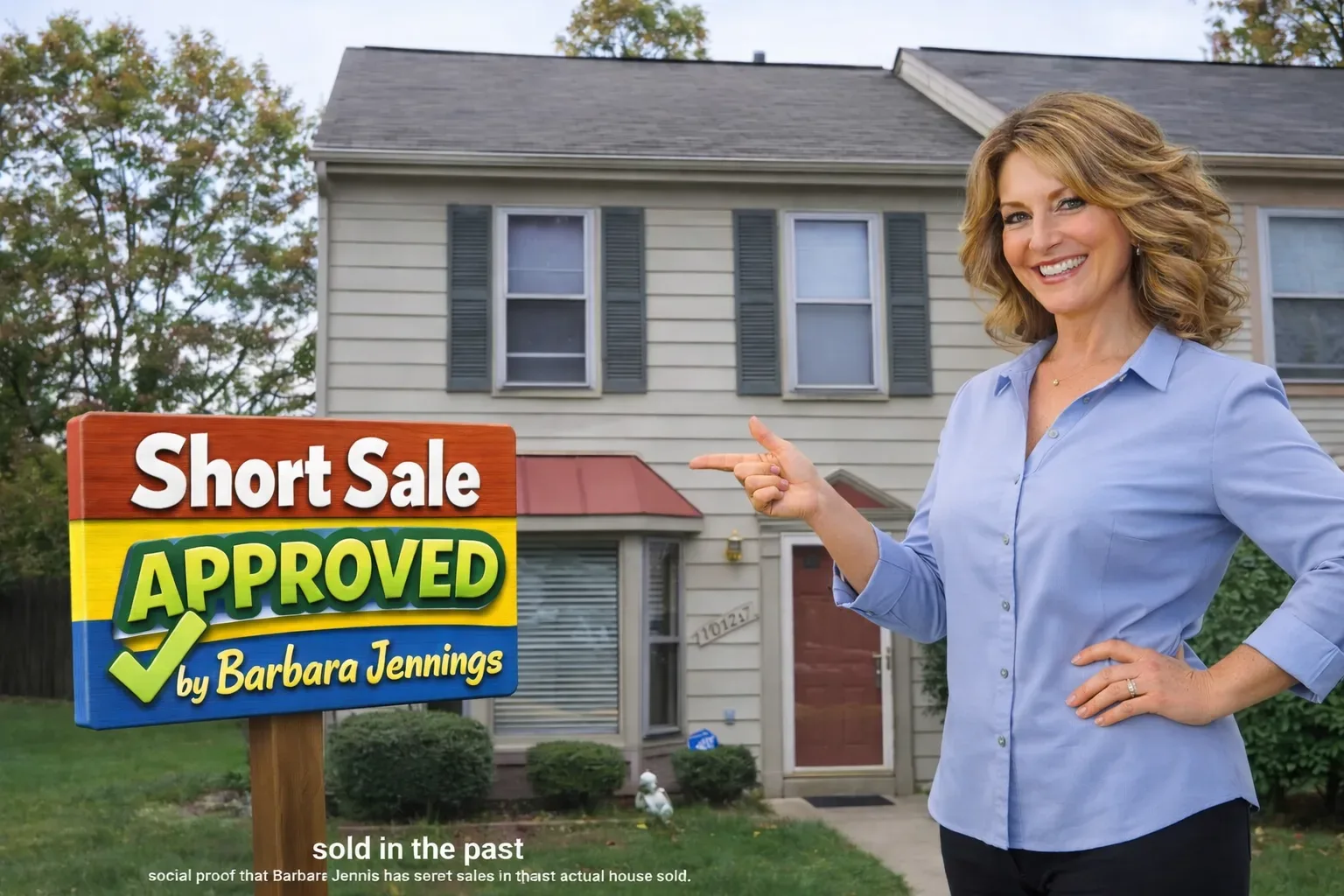 Two-story townhouse with dark shutters, successful short sale closing by Barbara Jennings