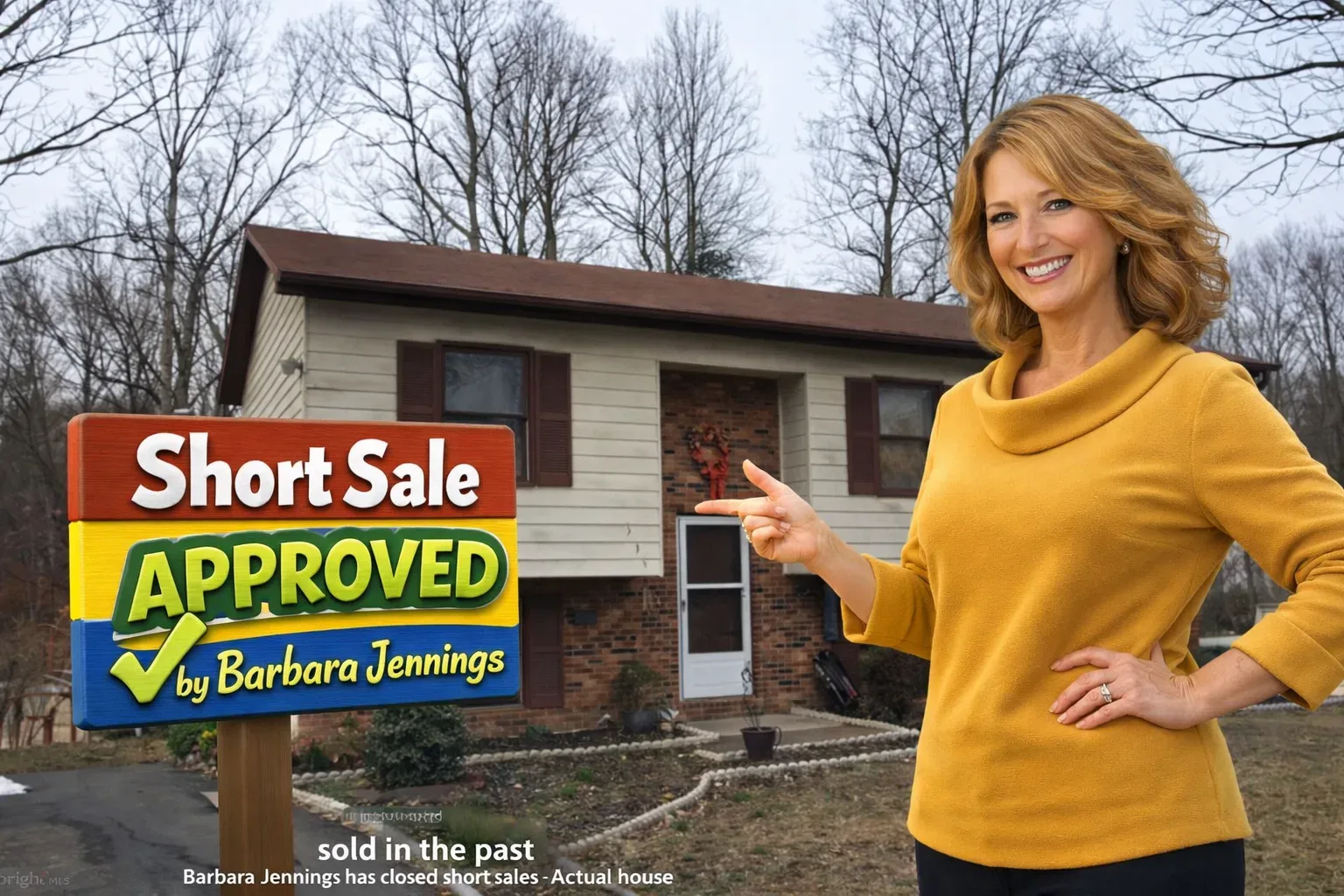 Split-level home with beige siding and a brick accent, short sale approved by Barbara Jennings