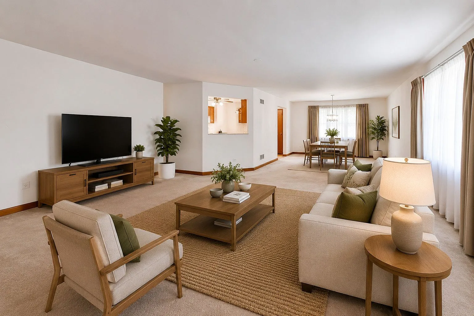 Furnished open concept living and dining room at 231 Hillcrest Lane
