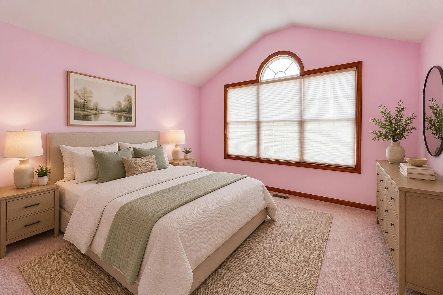 Primary bedroom with vaulted ceiling and large windows