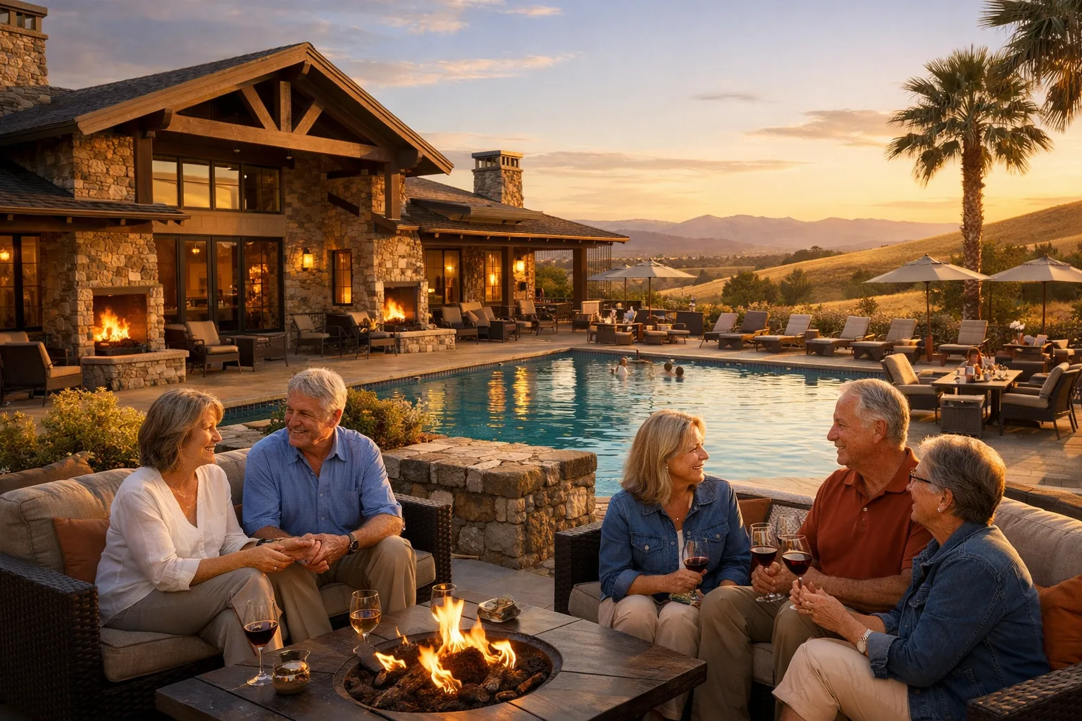 A resort-style pool and covered lounge at a Northern California 55+ community at dusk.