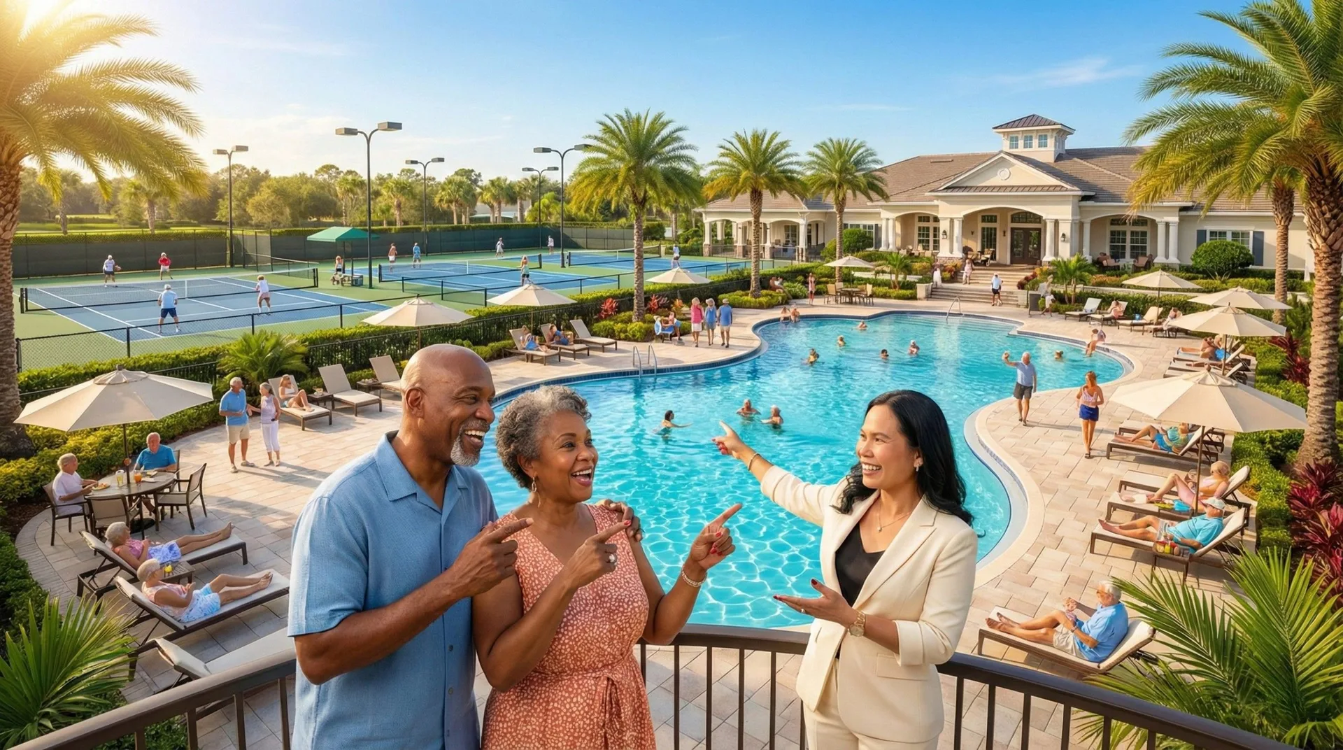 Real estate agent with a buyer couple at a Northern California 55+ community pool and recreation area