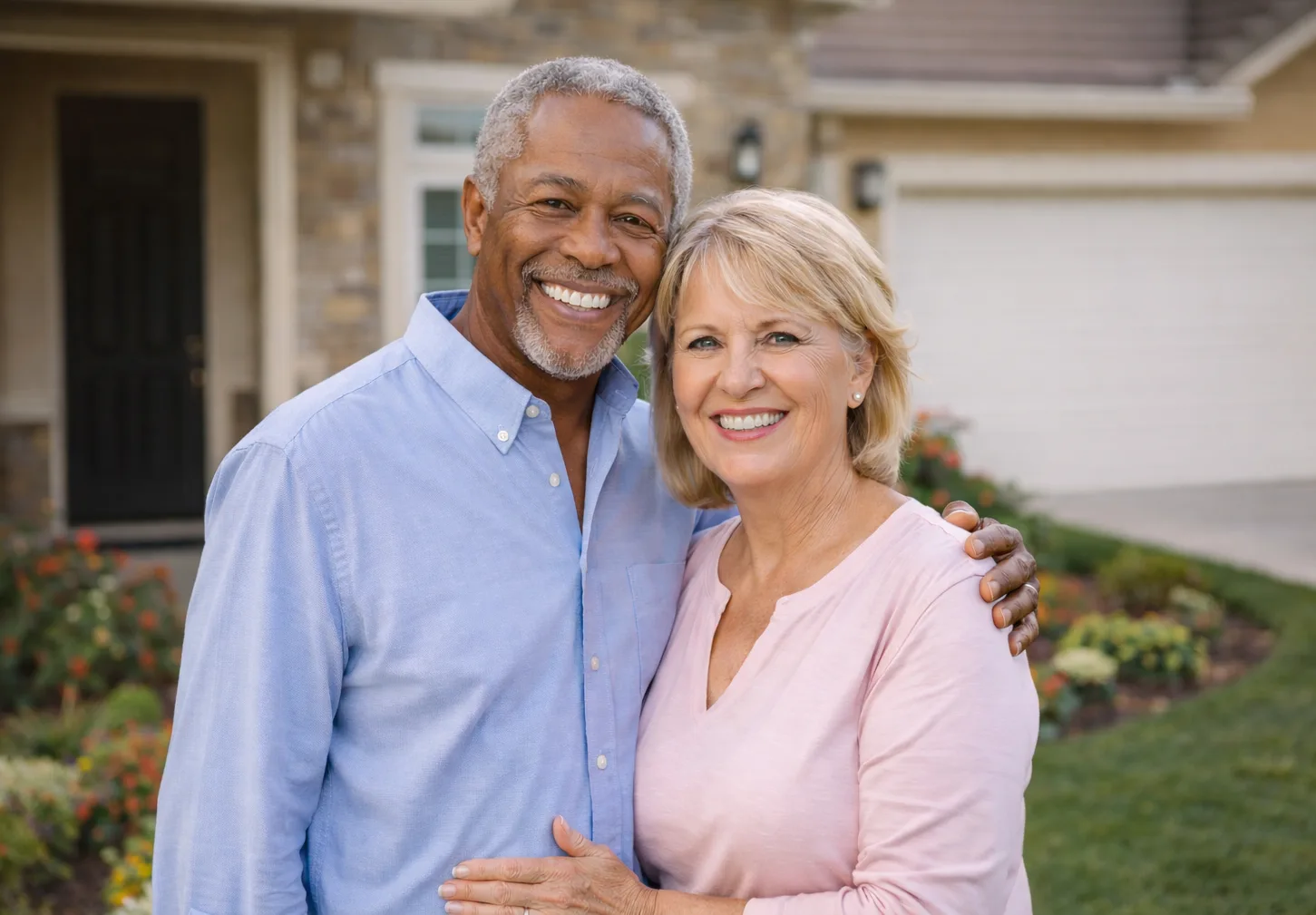A senior couple standing together outside their future home