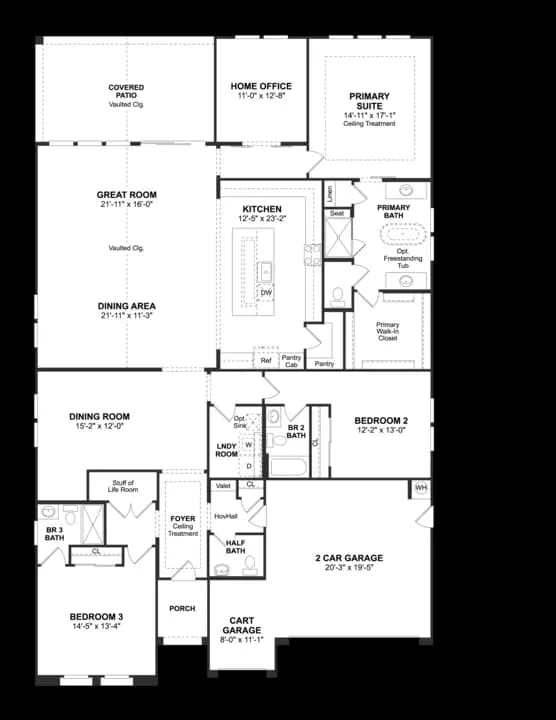 A single-story floor plan showing an open great room, kitchen, and primary suite
