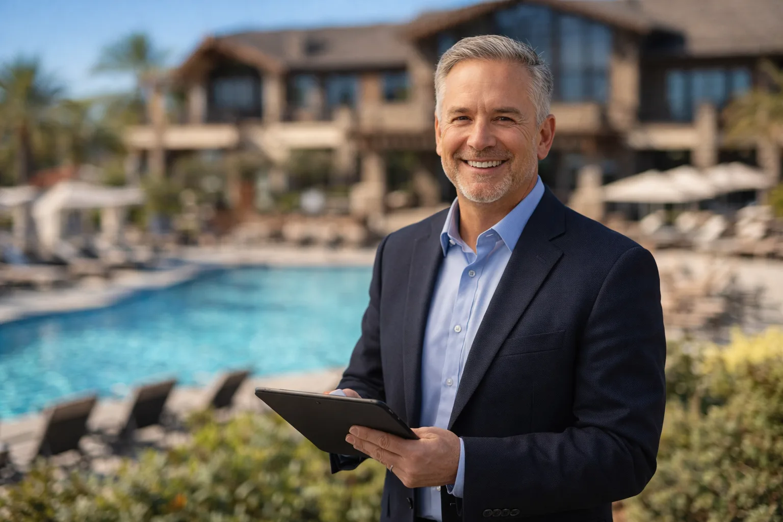 A real estate agent shows a buyer home options on a tablet poolside at a Northern California 55+ community