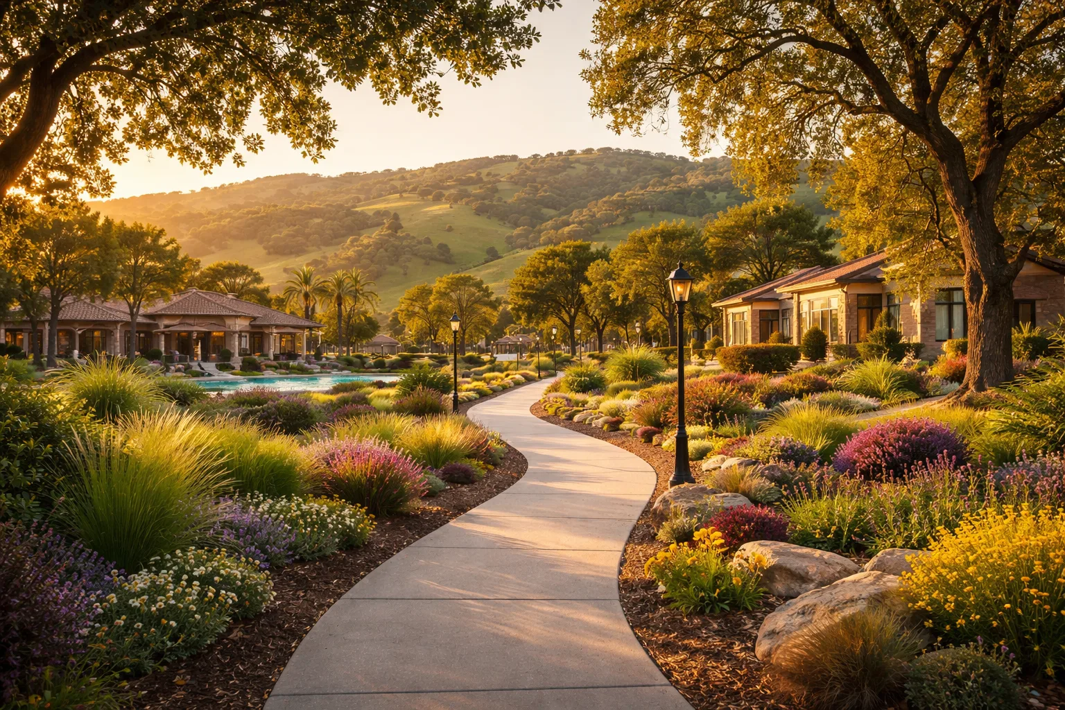 A landscaped garden pathway at golden hour in an El Dorado Hills community with hillside views