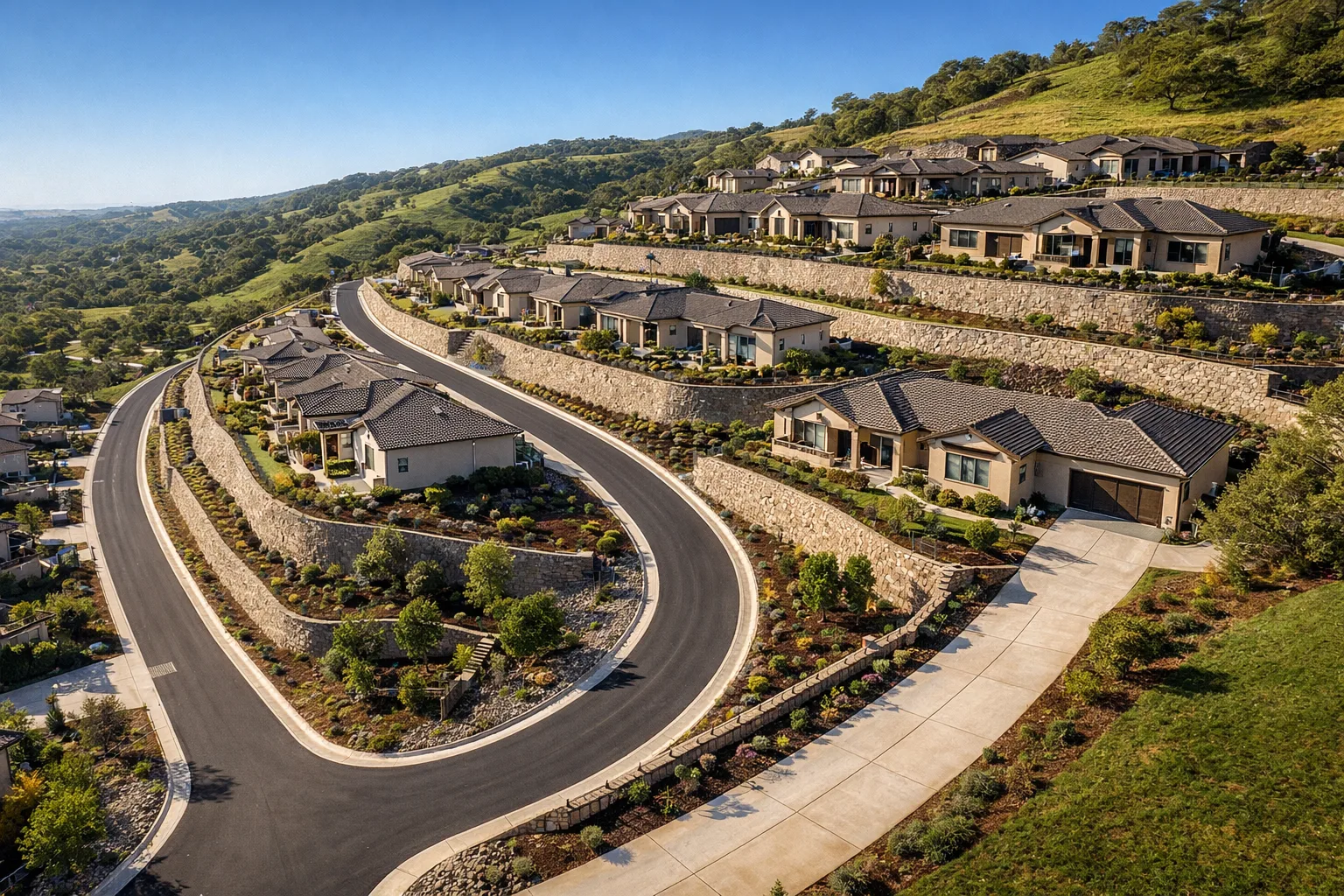 Drone aerial view of hillside homes in a Northern California community at late afternoon