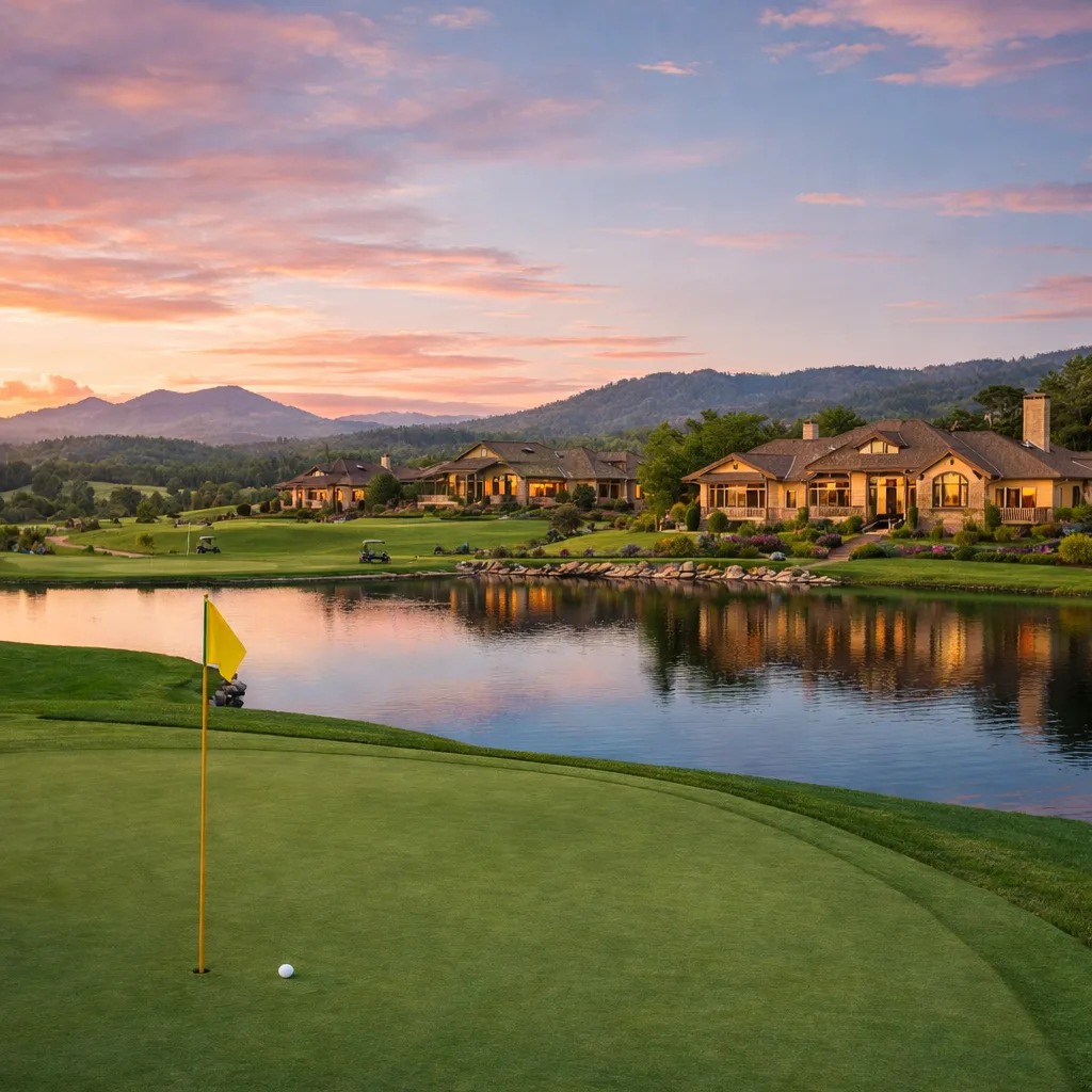 Golf course and homes in a Northern California 55+ community at sunset