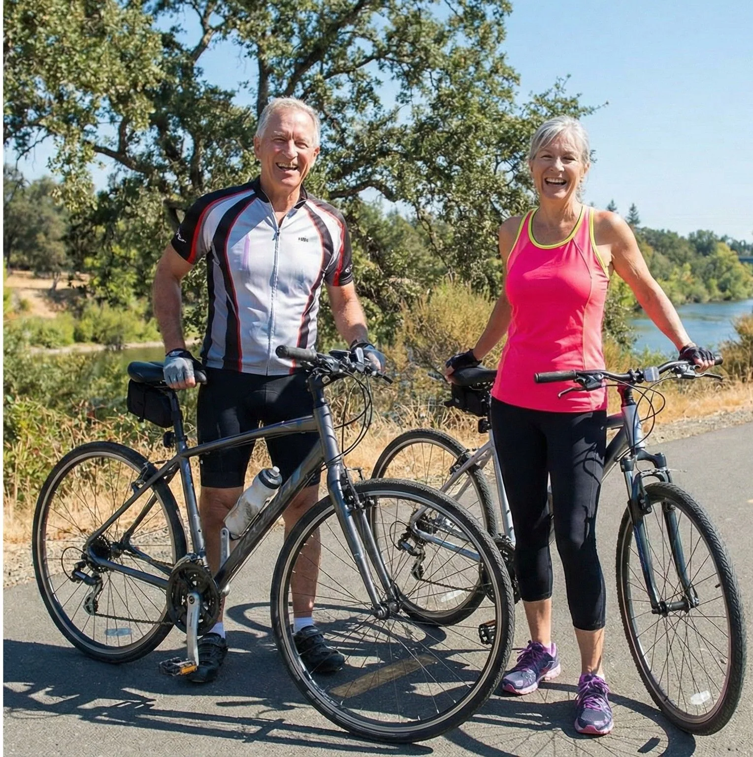 An active senior couple cycling together on a paved community trail