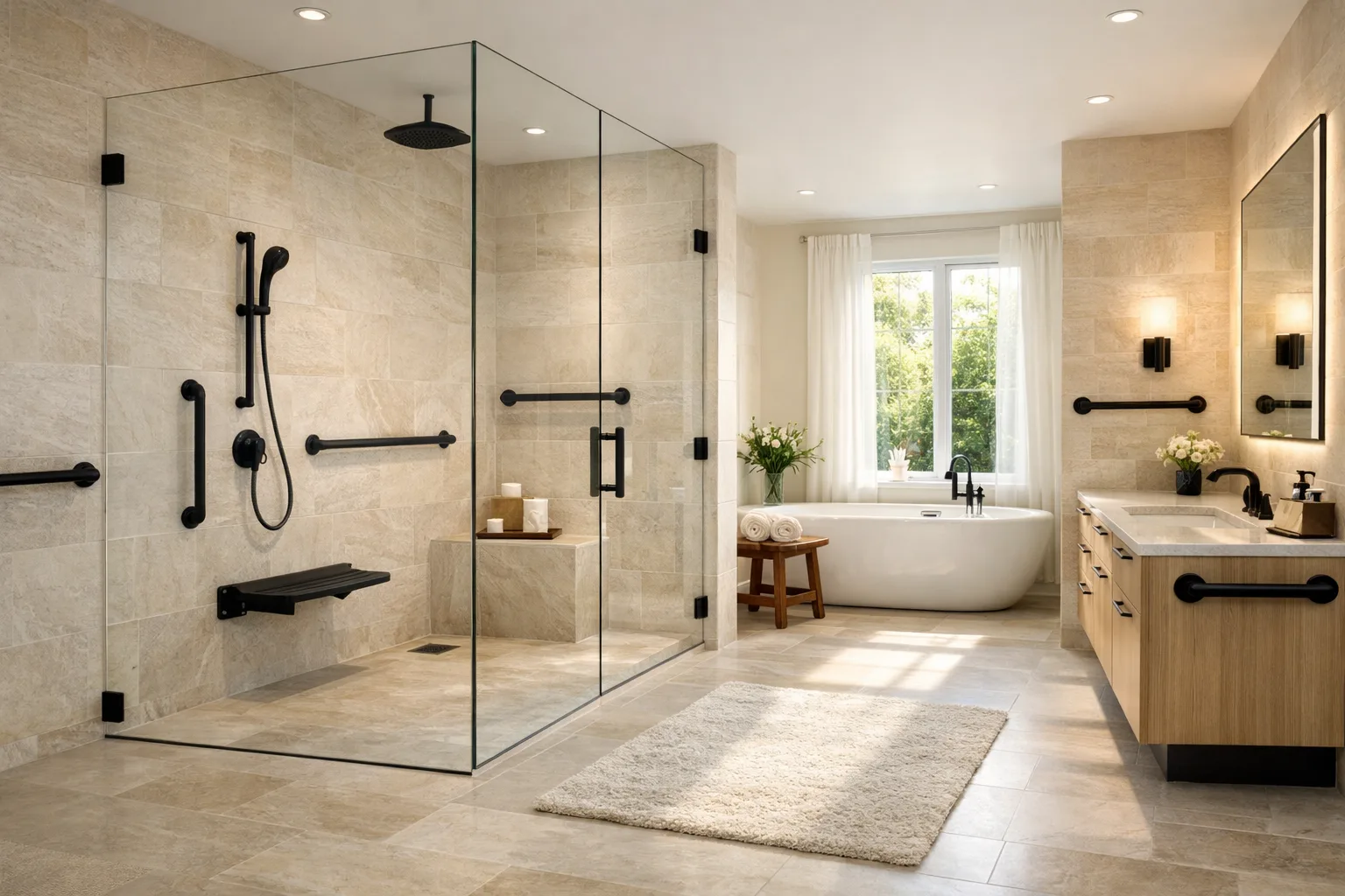 Accessible bathroom with a zero-threshold walk-in shower, the kind of feature that matters when preparing a senior's home. Photo: NorCal55Plus (modern-accessible-bathroom.webp).