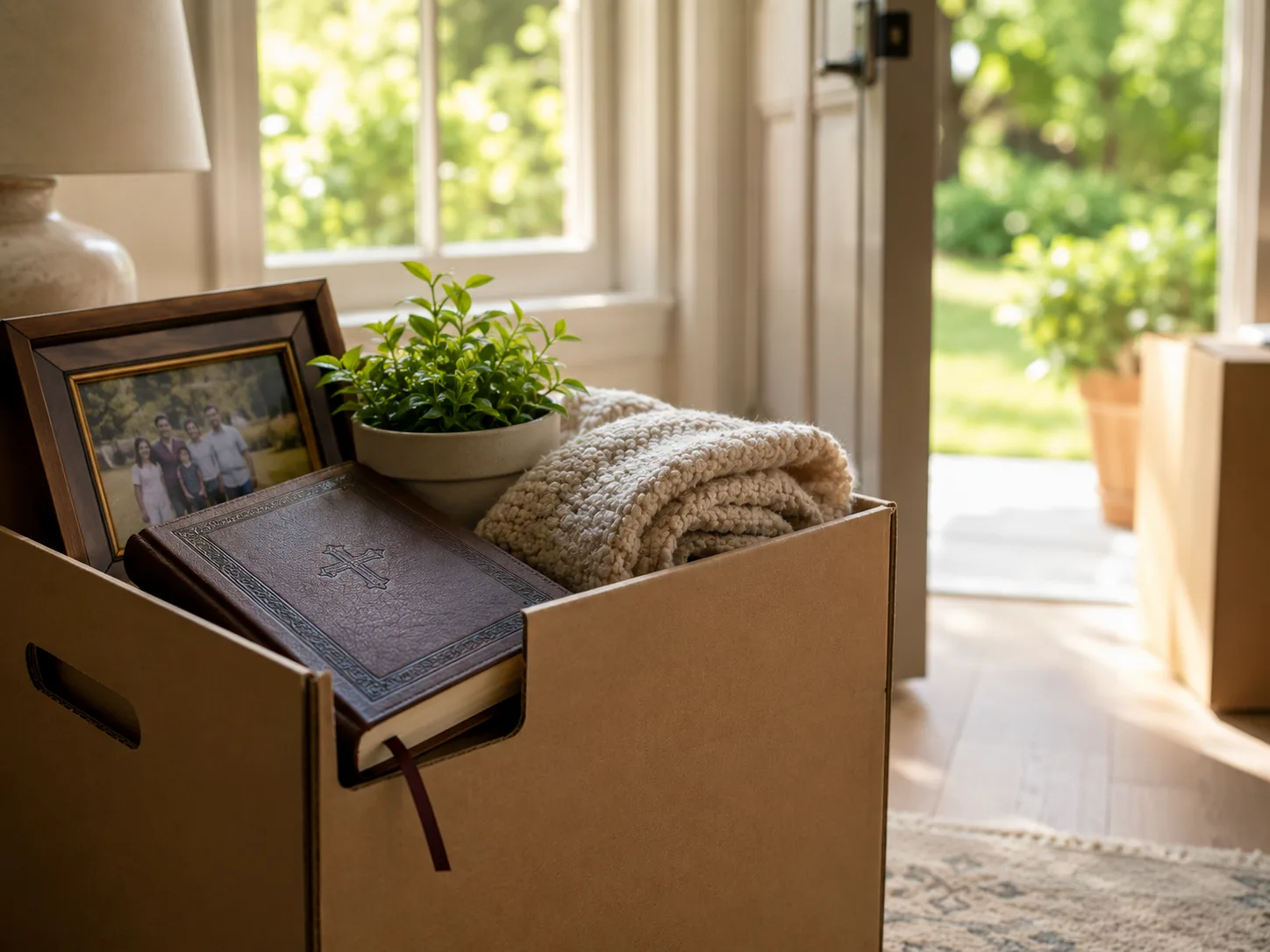 Moving box with a Bible, family photograph, and meaningful belongings near an open doorway