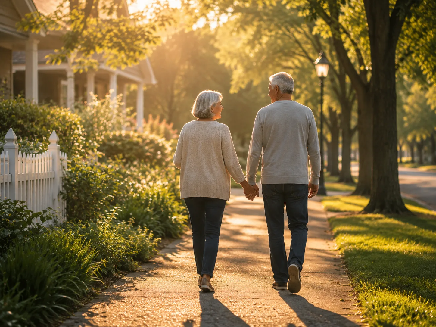 A mature couple enjoying a walk together through a Northern California 55+ community, the kind of everyday connection at the heart of flourishing in active-adult living