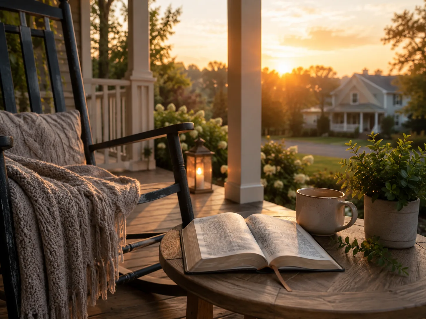 Open Bible on a peaceful porch at sunrise during a quiet moment of prayer