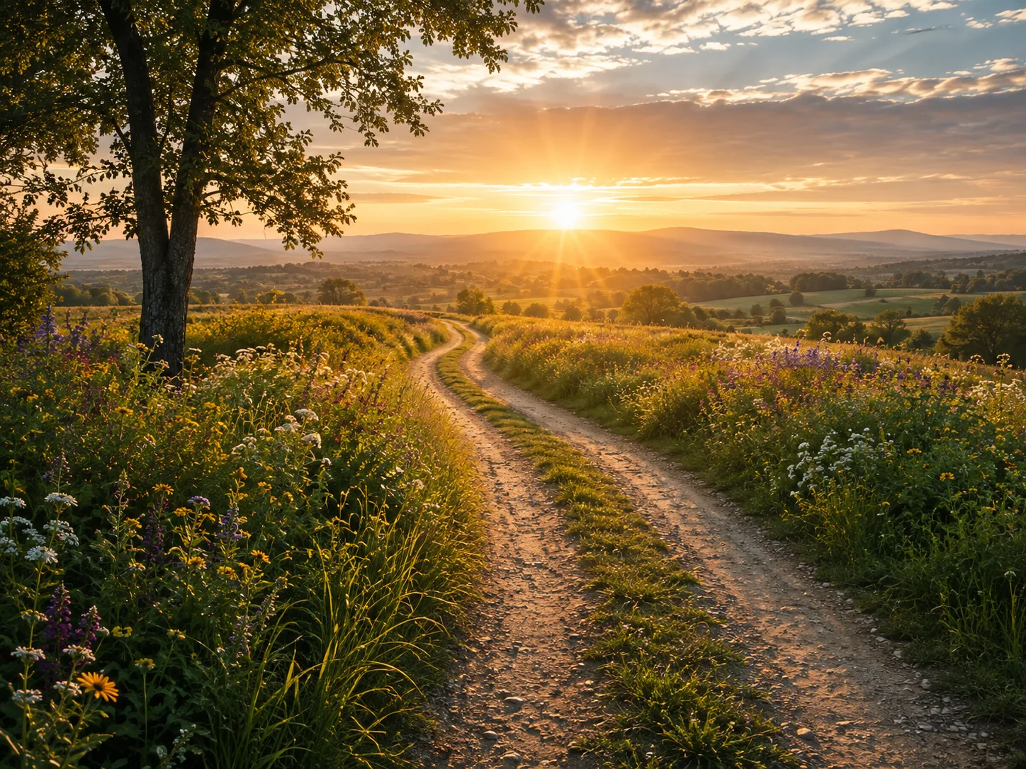 A quiet countryside road under a warm sunset sky, a reflective image for the next chapter of life