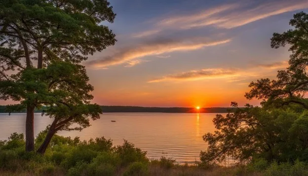 Sunset scenery framed by trees on the shoreline of Lake Texoma
