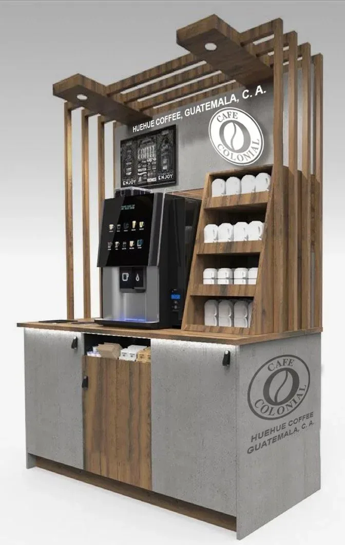 3D render of the mobile kiosk: a compact coffee unit with an espresso machine, shelved mugs and integrated branding