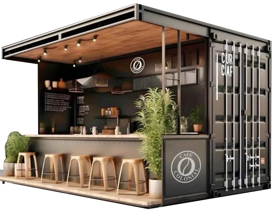 The external kiosk: a shipping-container cafe with wood-panel ceiling, barstools and pendant lighting