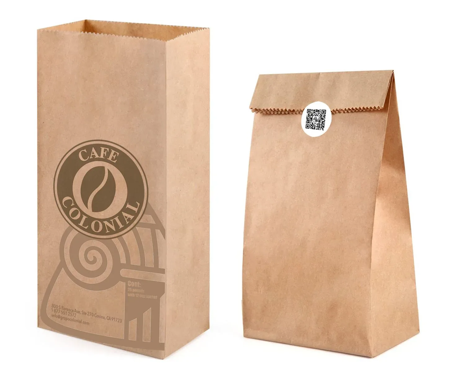 Two brown paper cafe bags with Cafe Colonial branding and a QR sticker on a white background