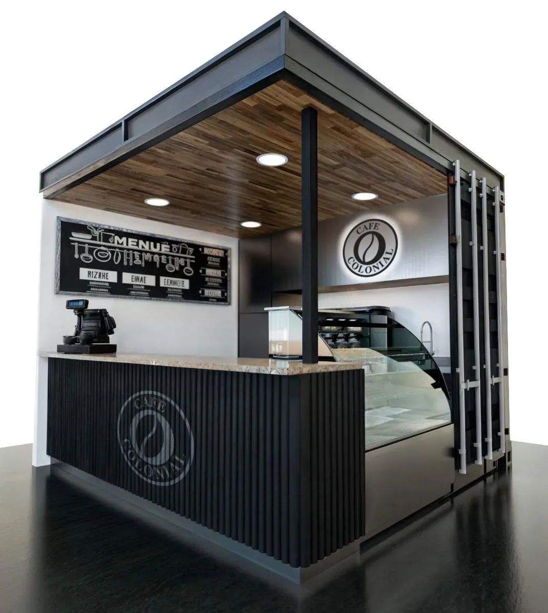 The internal kiosk unit: a matte black cafe stand with menu board, POS system and glass display case