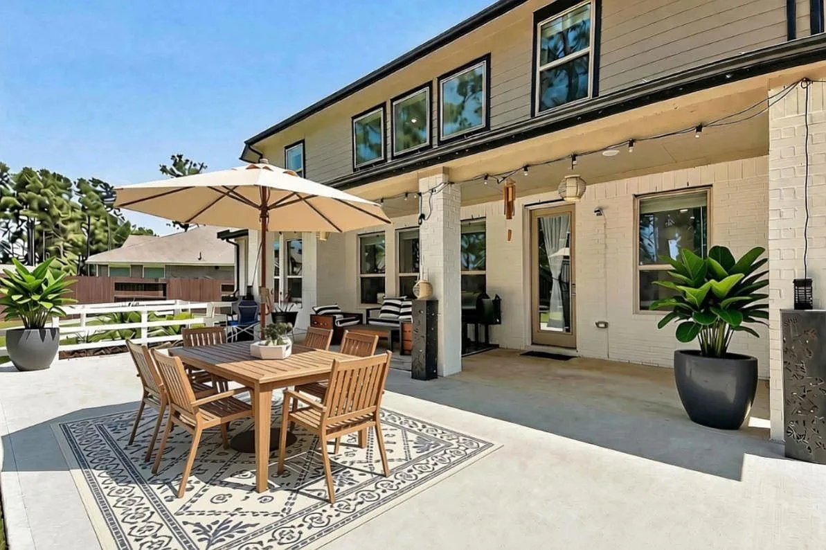 Furnished covered backyard patio with a dining table, umbrella, and string lights