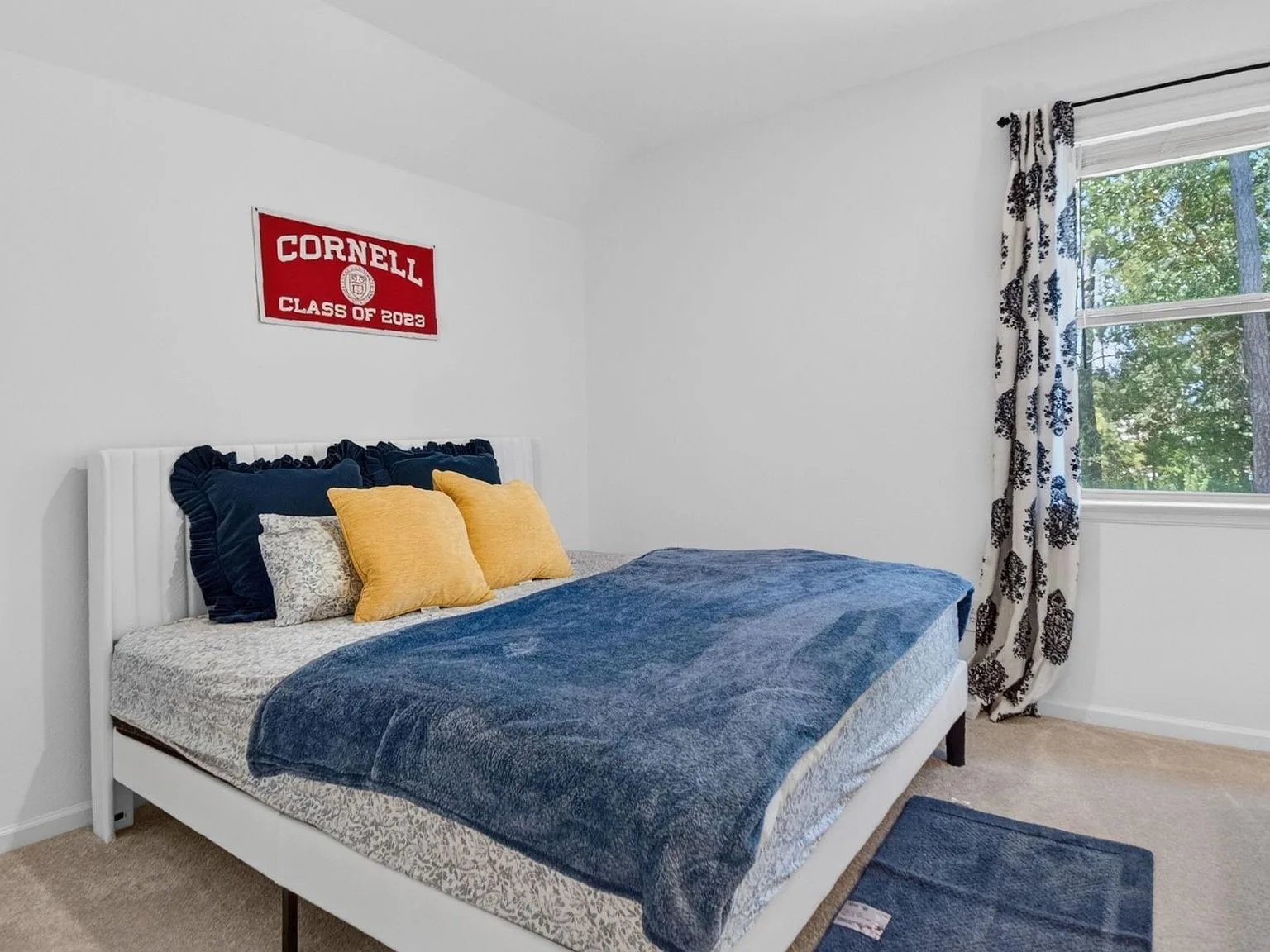 Secondary bedroom with white walls, neutral carpet, and bright natural light