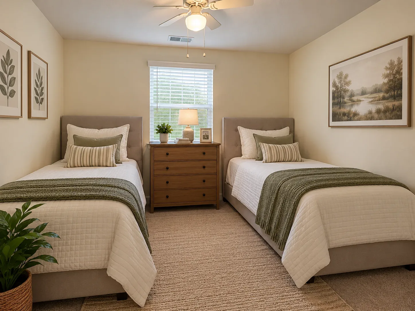 Guest bedroom with two twin beds in the Ladysmith Village home