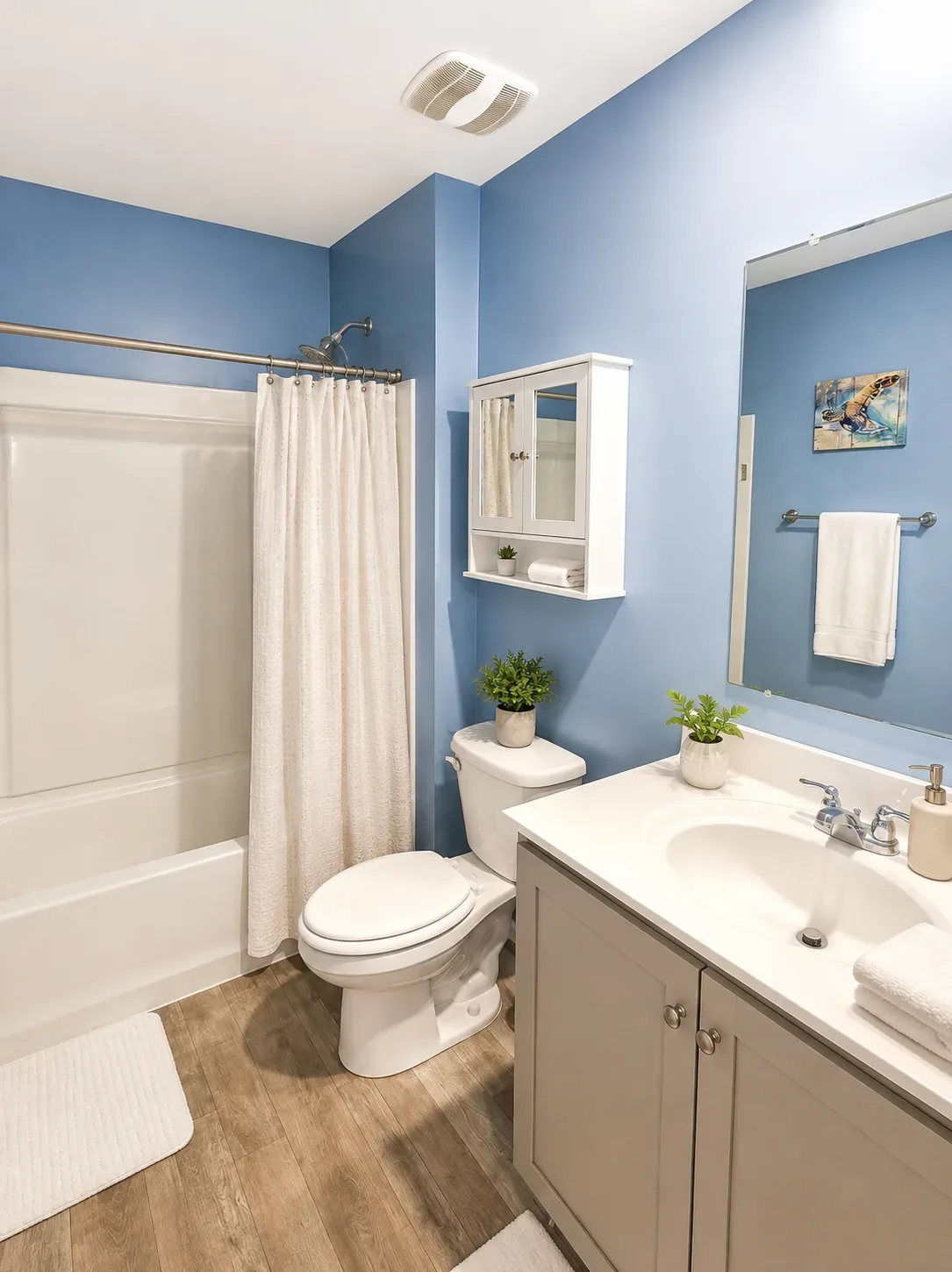 Bathroom with blue walls and a vanity in the Ladysmith Village home