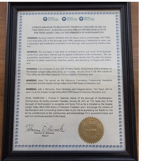 Framed proclamation certificate honoring Tim Tepes