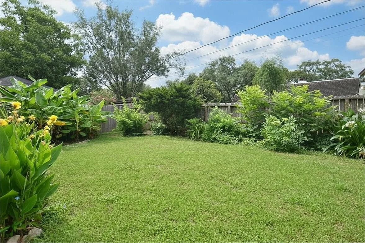 Lush backyard with banana plants and mature landscaping