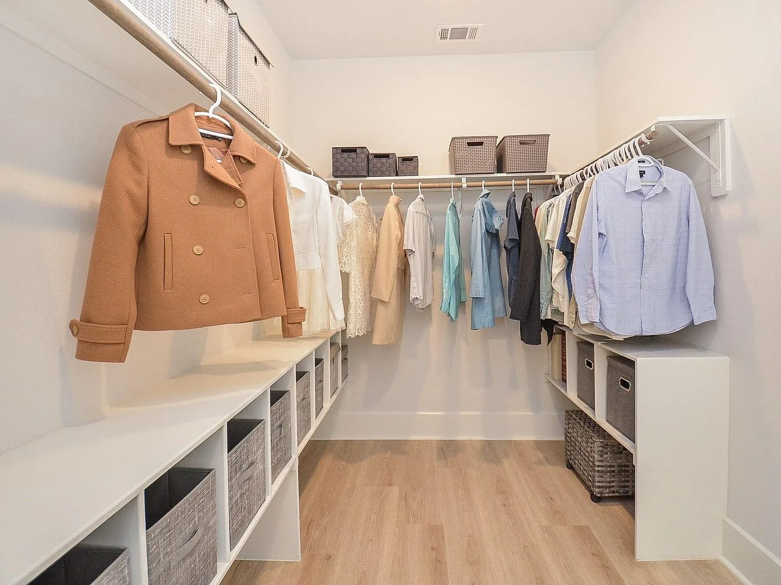 Walk-in closet with custom built-in shelving
