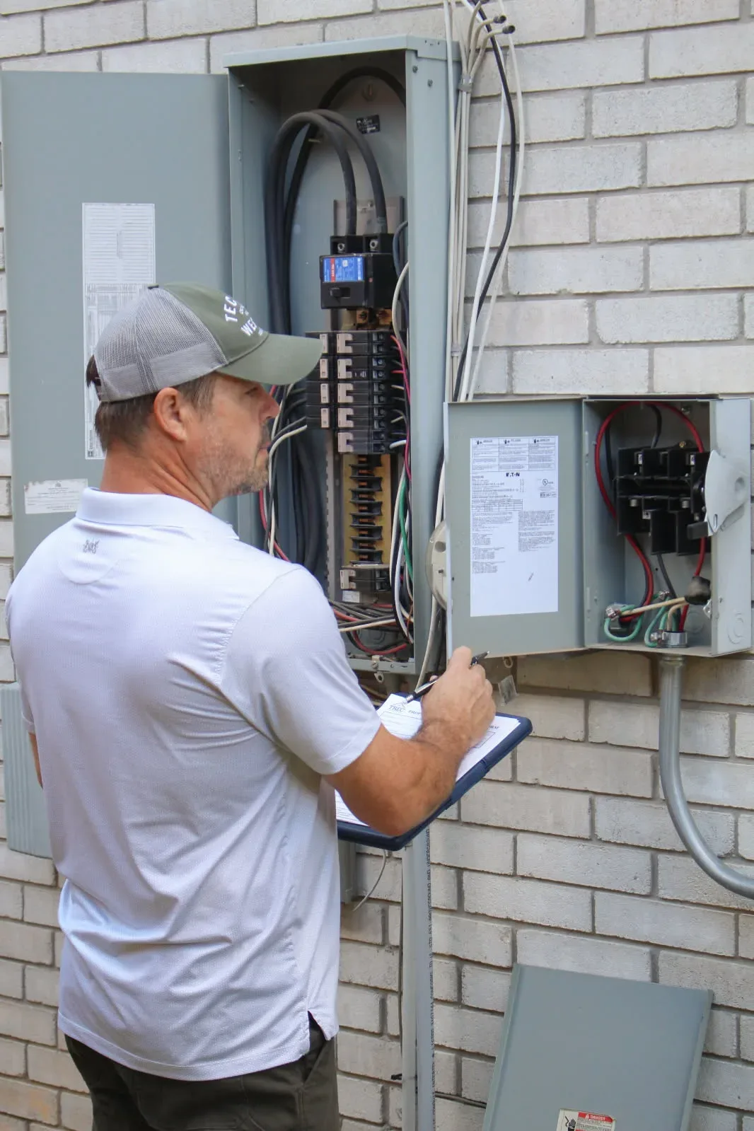 A Rodeo Home Inspections LLC inspector examining an open electrical panel and its breakers